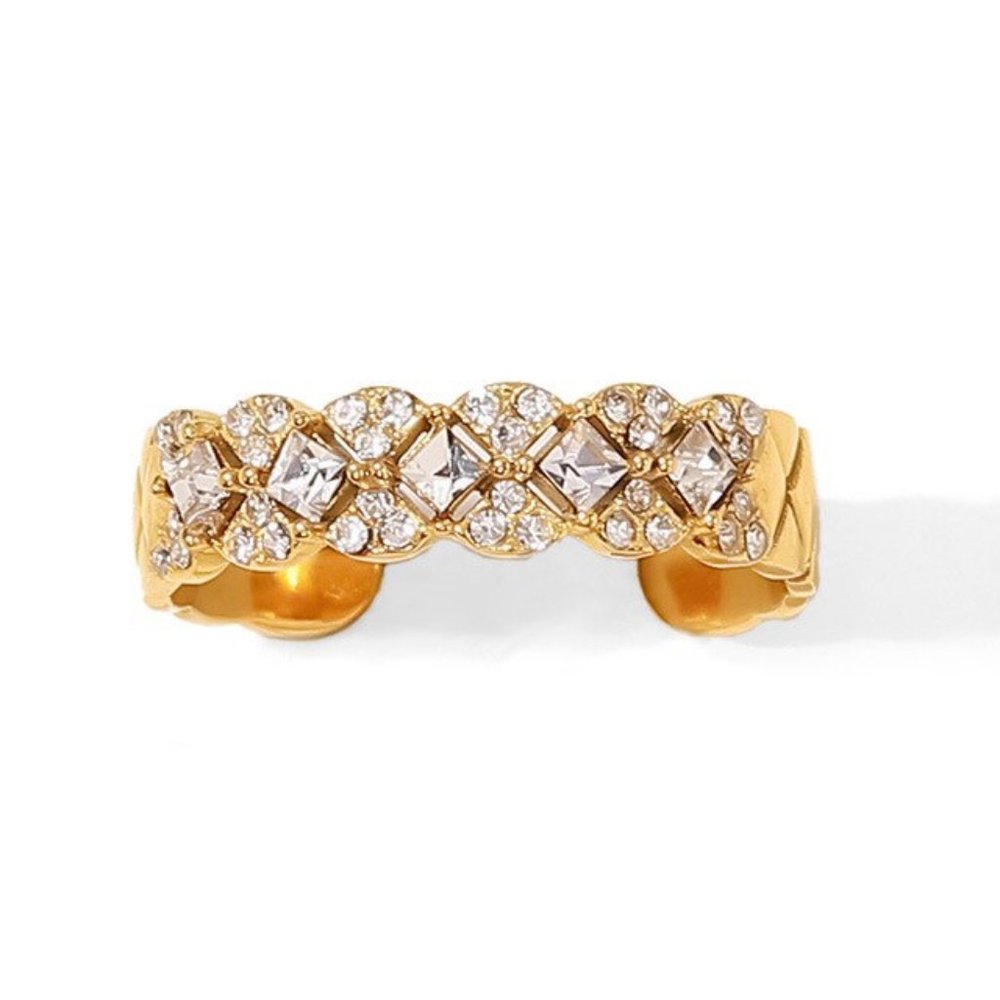 Zircon Lattice Texture Flower Ring 18K Gold Adjustable - Picture 5 of 10